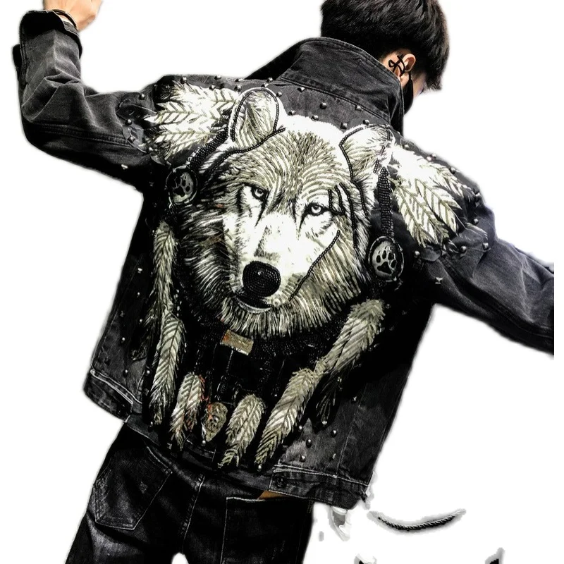black ripped jean jacket wolf rivet 