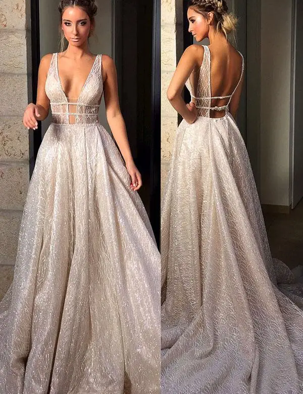 

Glamorous Deep V Neck Backless Evening Dress Long White Glitter Prom Dress vestido de fiesta de boda WE9581