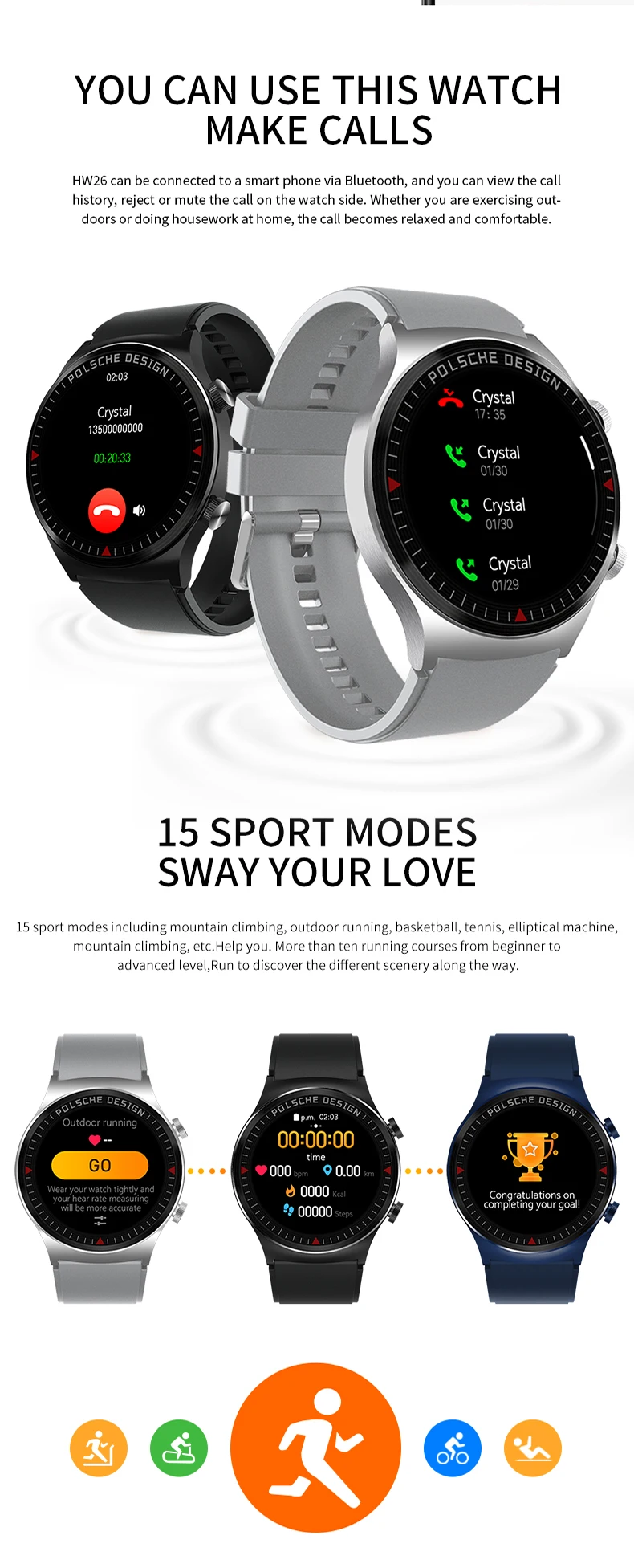 Smart Watch HW26 AMOLED Display Men Sport Clock Bluetooth Make Call Music Play Wristband Heart Rate Monitor Women Smartwatch