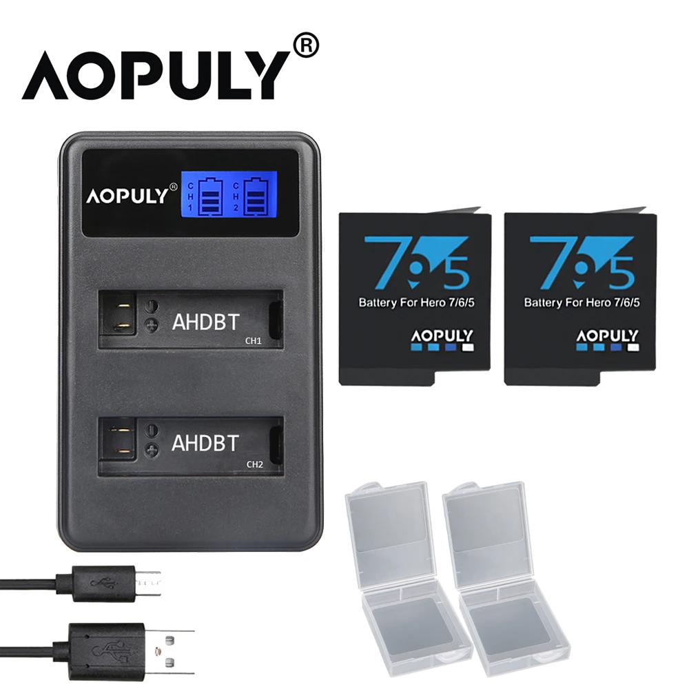 Aopuly для GoPro Hero5 Hero6 Hero7 Black Bateria для Go Pro Hero 5 6 7 8 Hero8 Black AHDBT 501 аксессуары для камеры - Цвет: 2 battery n charger