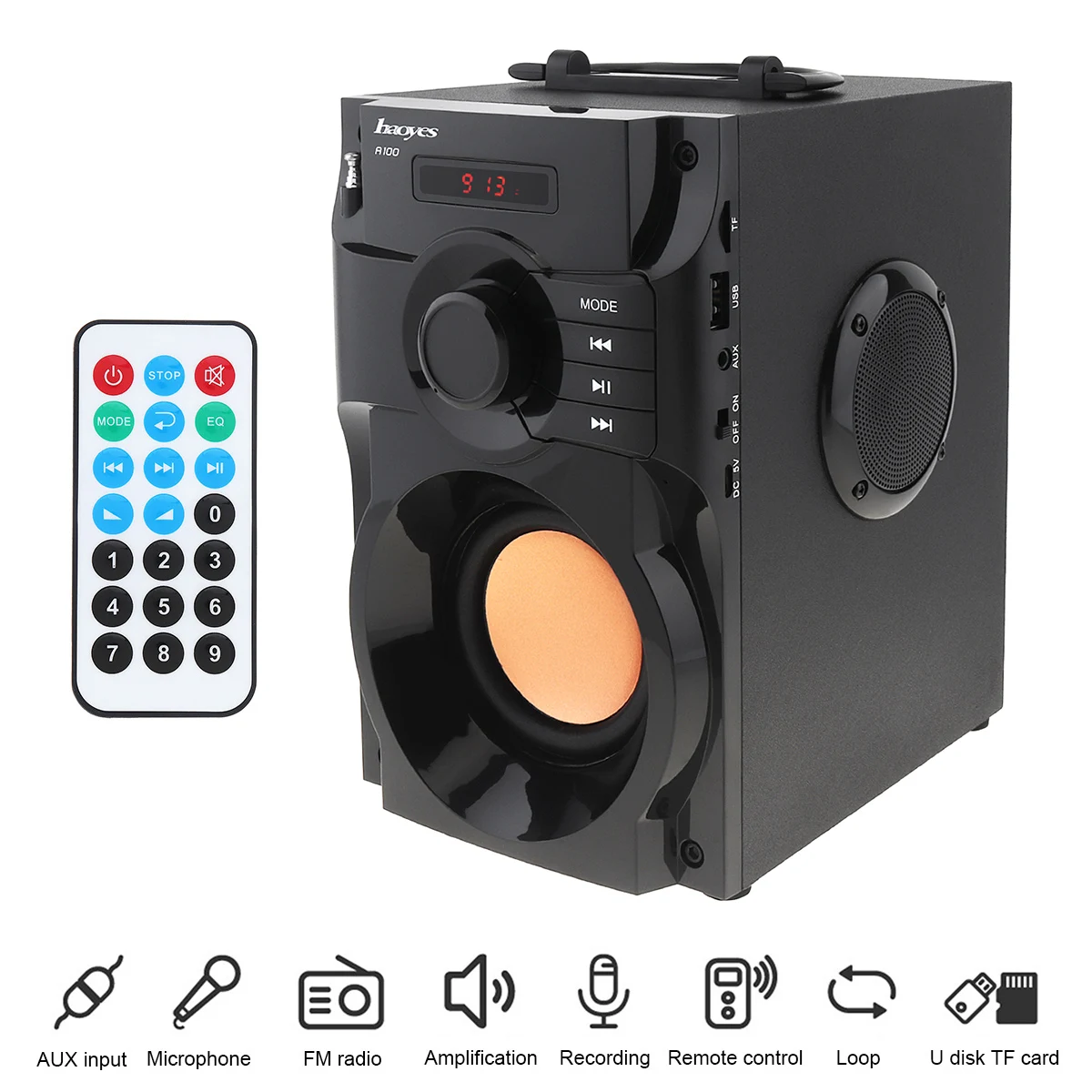 

Haoyes A100 Bluetooth Speaker Wireless Stereo 3D Surround Subwoofer Bass Speakers Music Player Support LCD Display FM Radio TF