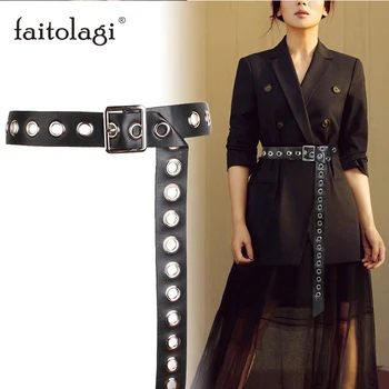 

Square Buckle Long Belt for Women PU Leather Wide Ladies Dress Belt Casual Hollow Black Female Coat Waist Belt