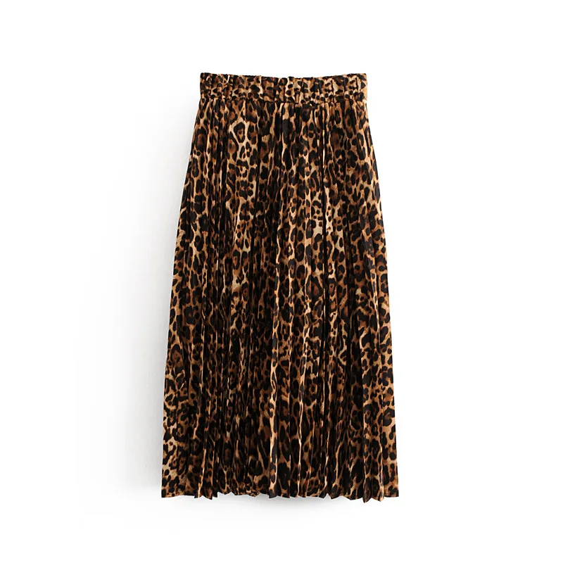 

2018 Europe And America Autumn New Style Versitile Fashion High-waisted Slimming Leopord Pattern Pleated Skirt Elastic Waist Ski