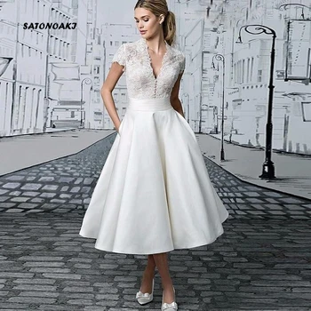 

SATONOAKI Vintage Lace Tea Length Short Wedding Dresses Sleeves See Through V Neck Wedding Bridal Gowns Vestido De Novia