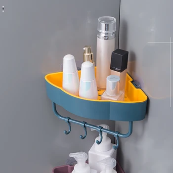 

Bathroom Corner Storage Shelf Plastic Storage Rack Area With Hooks Holes Plate Easy To Drain Punch-Free Shampoo Organizer Holder