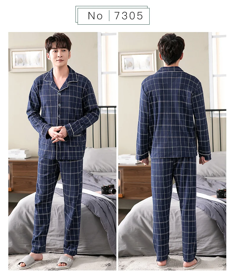 cotton loungewear Fashion Autumn Men Pajamas Home Clothing Long Sleeve Long Pants Pyjamas Sleepwear Male Full Cotton Sleep Lounge M-4XL Plus Size white cotton pyjamas