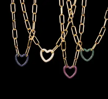 

Hot new INS women trendy hip-hop style colorful full rhinestone love heart-shaped lock thick chain necklace