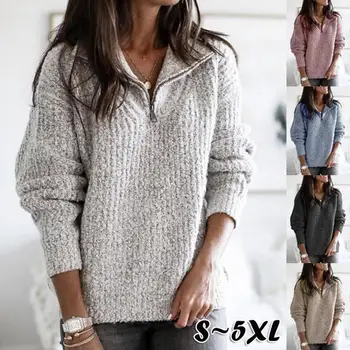 

Women Zipper Lapel Solid Color Long Sleeve Loose Knitted Pullover Sweater Top Sweater Women Solid Knitted sweater Pullovers