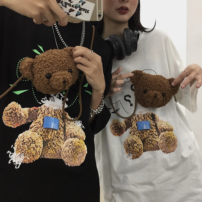 

Short-sleeve Women's T-shirt Summer New Korean Version Of The Bear Print Loose And Thin Wild Female Tops + Bear Diagonal Bag