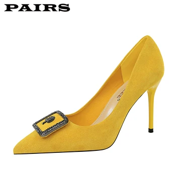 

BigTree Brand Designer Pumps Shoes Women High Heels Sexy Stiletto Faux Suede Crystal Yellow Shoes Office Party Shoe Plus Size 43