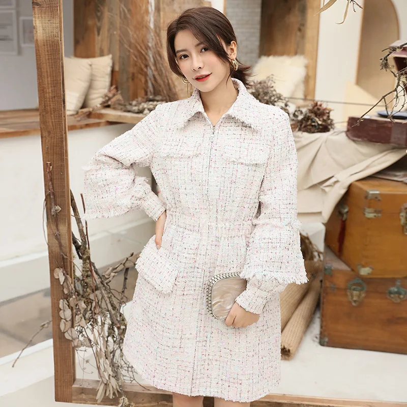 

Yigelila 2019 Autumn And Winter New Style Fashion Elegant Graceful Tweed Waist Hugging Slimming Long-sleeved Coat 9909