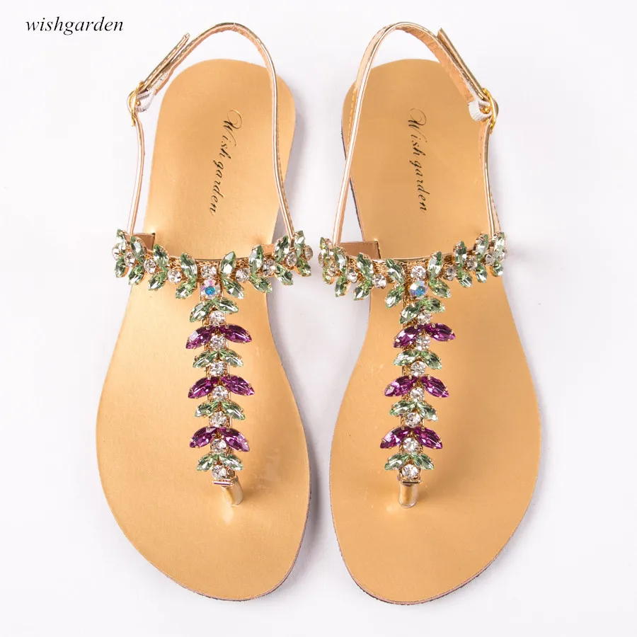 Новые женские сандалии модные летние богемные туфли со стразами Вьетнамки с Т-образным ремешком Повседневная пляжная блестящая обувь в богемном стиле