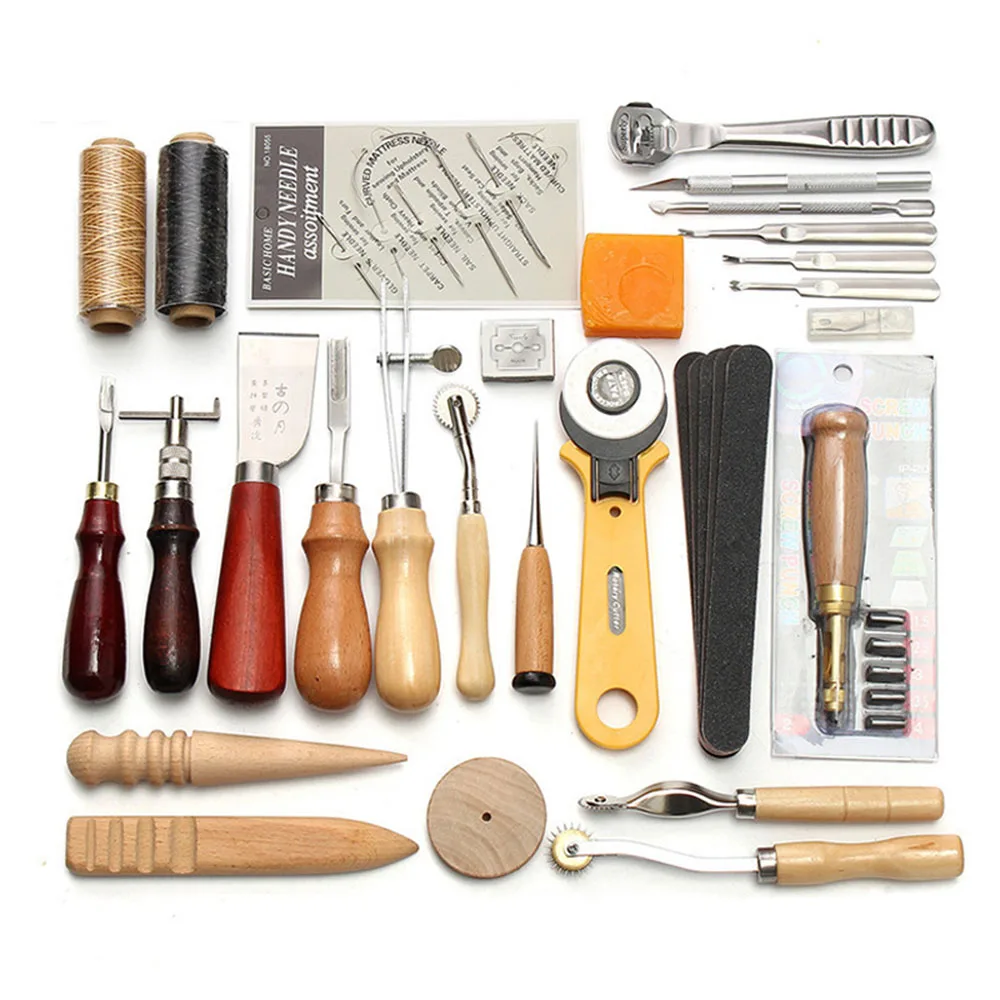 

37/48Pcs Professional Leather Craft Tools Kit Hand Sewing Stitching Punch Carving Work Saddle Leathercraft Accessories