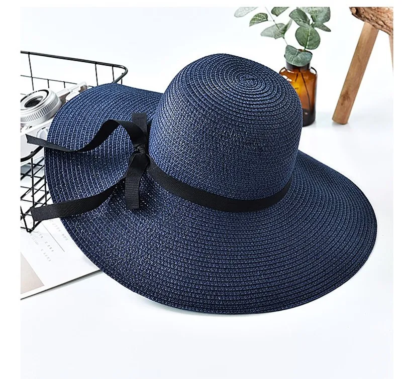Navy Blue Модные летние гибкие соломенные шляпы, повседневные, для отдыха, путешествий, с широкими полями, солнечные шапки складные, пляжные шляпы для женщин, чистые и красивые - Цвет: Navy Blue