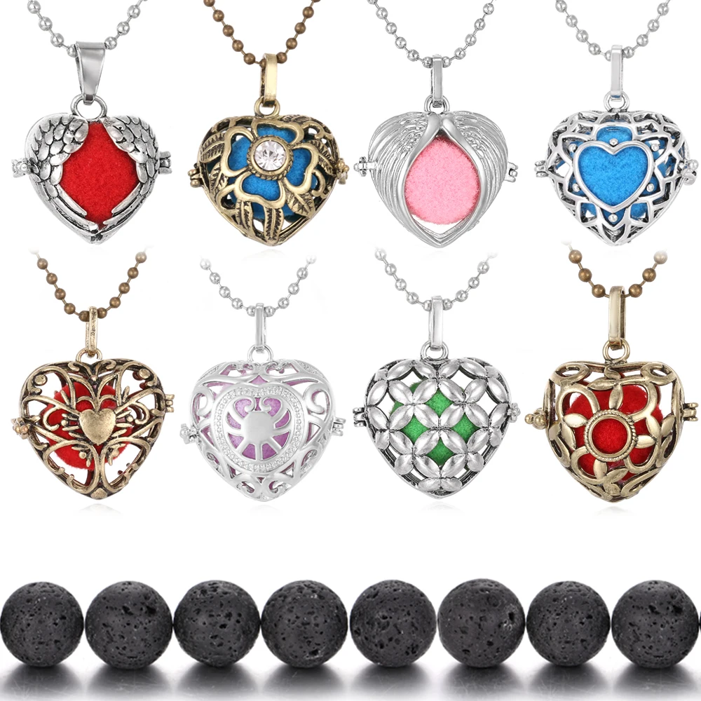 

Aroma Necklace Love Heart Lava Rock Volcanic Stone Locket Necklace Essential Oil Diffuser Angel Caller Pregnant Christmas Gift