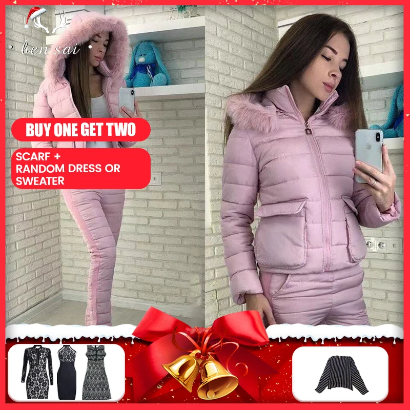 #*Cheap Women Winter Fashion Solid Coat Pants Set Fur Collar Hooded Jumpersuit Coat Cotton Pocket Jacket Casaul Thicken Set Women New