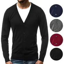 Новые модные однотонные повседневные мужские трикотажные V трикотажный кардиган пальто с длинными рукавами верхняя одежда кардиган куртка пуловер свитер Топ Кнопка
