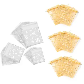 

300 Counts Resealable Cellophane Snowflake Gift Bags with 100Pcs 9X12cm Sheer Drawstring Heart Organza Gift Bags