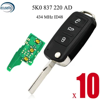 

10PCS/LOT, 3 Button Folding Flip Remote Key Fob 434MHz With ID48 Chip For Volkswagen Tiguan Sagitar Lavida 5K0837202AD