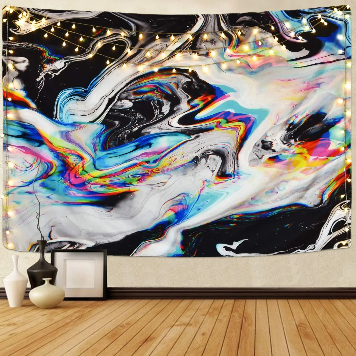 Tapisserie UV Backdrop – Tenture Murale Psychédélique Néon – Soleil Fantastique – Tripleview Art