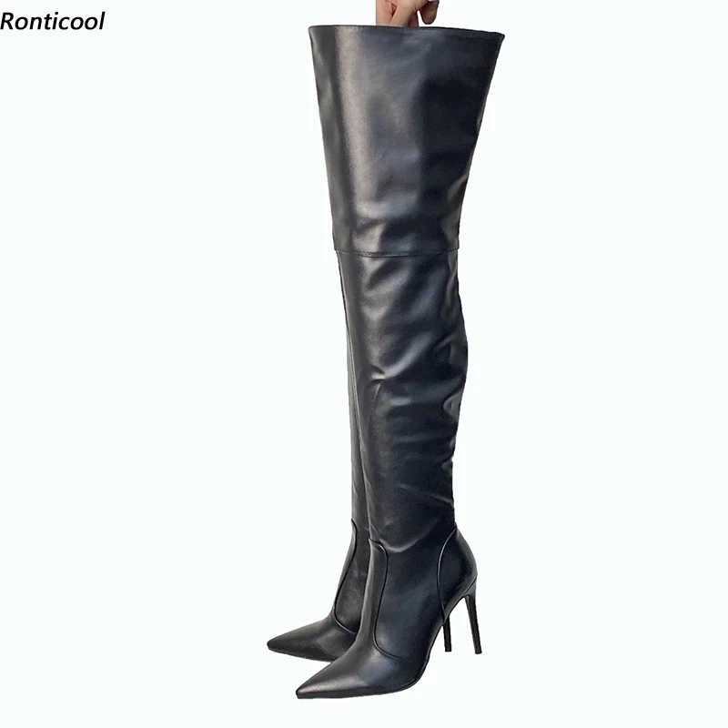

Ronticool Handmade Quality Women Winter Thigh High Boots Sexy Stiletto High Heels Pointed Toe Black Shoes Women Us Size 5-15