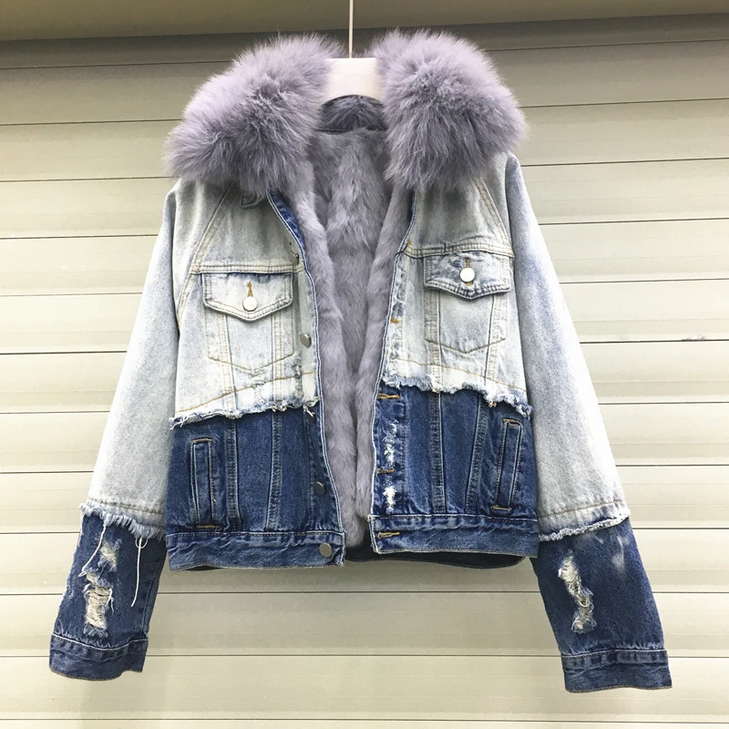 

New Cotton-padded Denim Coat Women Winter Fox Fur Collar Removable Real Rabbit Wool Liner Jeans Jacket Female Thick Warm Coats