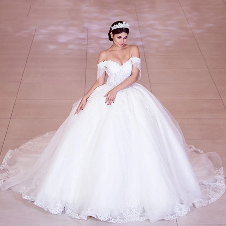 Vestido novia, Сексуальное Милое бальное платье с королевским шлейфом, свадебное платье, роскошное кружевное свадебное платье принцессы с открытыми плечами