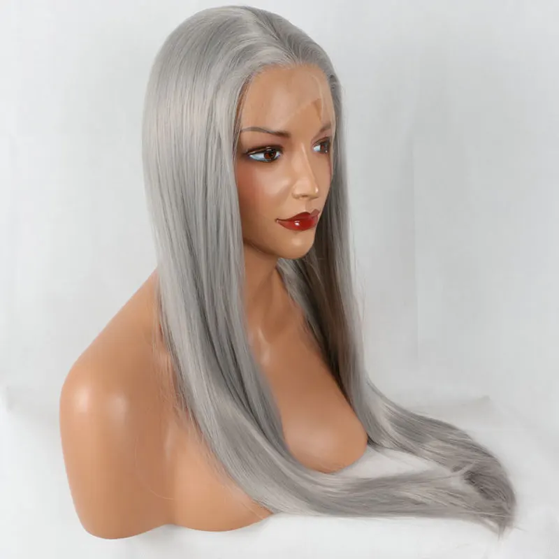 Серебристо-серый длинный прямой синтетический 13*3 дюймов парик на кружеве термостойкие волокна волос свободная часть естественная линия волос для женщин парики