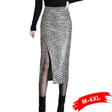 Большие размеры Боковые Сплит Сексуальные леопардовые длинные юбки из искусственной кожи 3XL 4XL зимние женские уличные черные юбки-карандаш