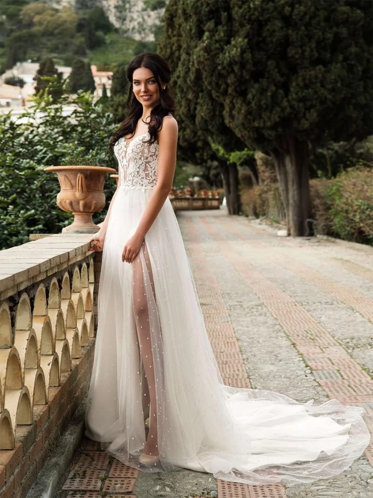 High Split Lace Appliques A Line Wedding Dresses Beach Summer Bridal Gowns Sexy Spaghetti Straps Open Back Boho Wedding Dress1