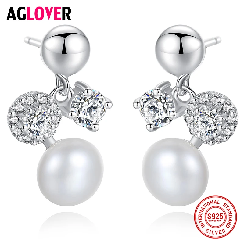 

AGLOVER New Earrings Natural Freshwater Pearl Genuine 925 Silver Zircon Pearl Stud Earrings For Women Jewelry Engagement Gift