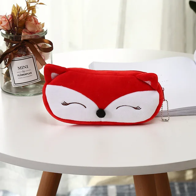 FUDEAM Soft Plush Cartoon Women Long Coin Purse Cute Zipper Girl School Stationery Pencil Case Usb Cable Storage Bag Key Wallet Red Fox