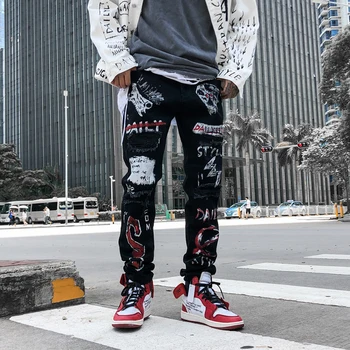

Men's Fashion Graffiti Ripped Jeans Hip Hop Distressed Hole Slim fit Cotton Jeans Harem Joggers Harajuku Sweatpants Denim Pants