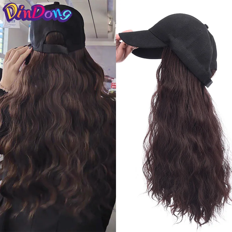 

DinDong Hair Extension With Peaked Cap Synthetic 24'' Nature Wave Hair Extensions with Knit Hat Winter Warm