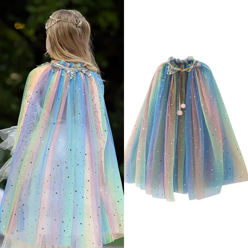VOGUEON Girls Rainbow Sequins Cape Cloak Costume Drawstring Tulle Elsa Jasmine Sleeping Beauty Halloween Fancy Dress Up Mantle | Детская