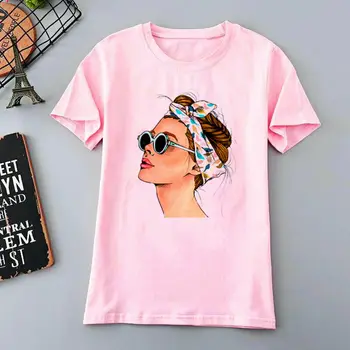 

Women's head print pink short-sleeved T-shirt women2020