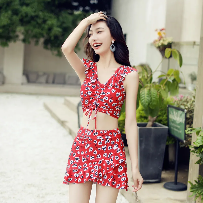 

New Style Two-Piece Set Two-piece Swimsuits Women's Graceful Bikini Small Bust Gathering Skirt Conservative Boxer Hot Springs Ba
