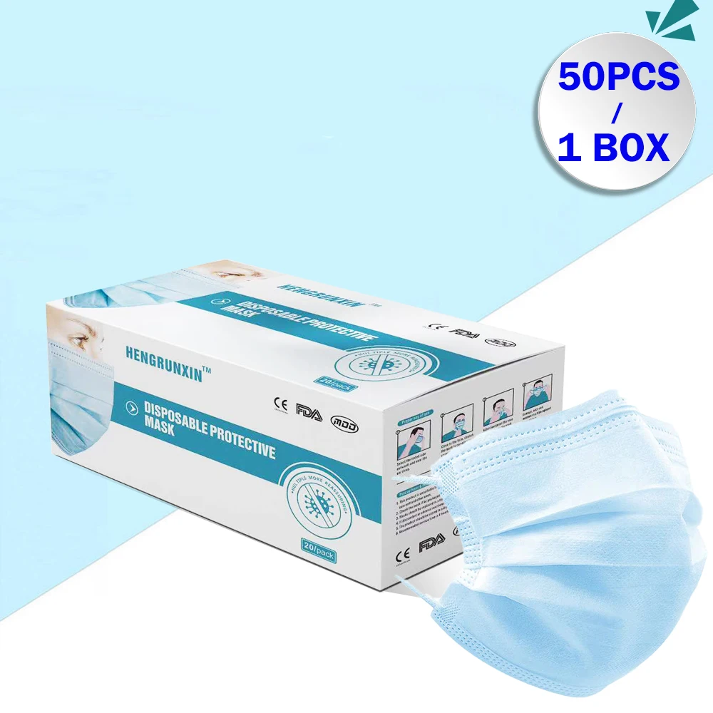 

50Pcs Mask 3 Layer Anti-Virus Dust Protection Masks Anti Droplets Disposable Face Mask Meltblown Cloth Earloops Safety FFP2 Mask
