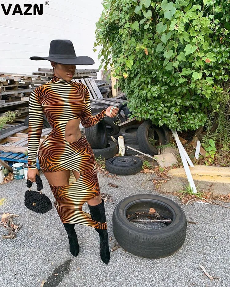 

VAZN YM9160 New Brown Autumn Sexy Women Dress Leopard O-Neck 2019 Full Sleeve Skinny Long Dress Ladies Sexy Hollow Out Dresses