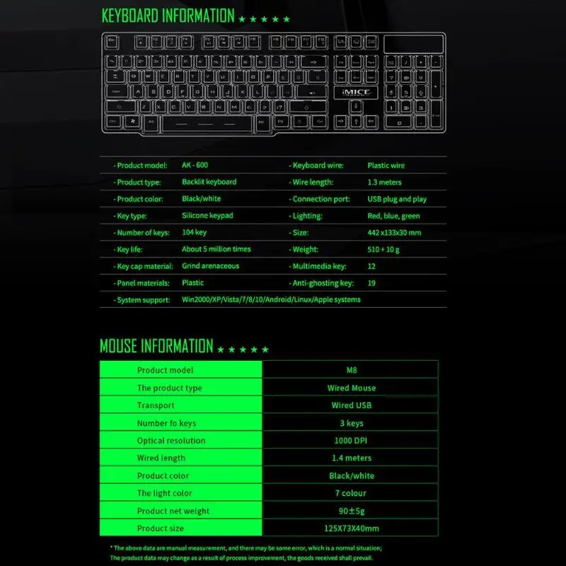 PC Gamer Проводная клавиатура и мышь Классическая нежная USB игровая Проводная RGB подсветка 1000 dpi 3 кнопки мышь 104 клавишная клавиатура комбо