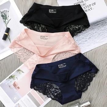 

New Women Sexy Panties Ice Silk Seamless Briefs Lace Briefs Lingerie Comfortable Low Waist Underpants Female Intimates XXL