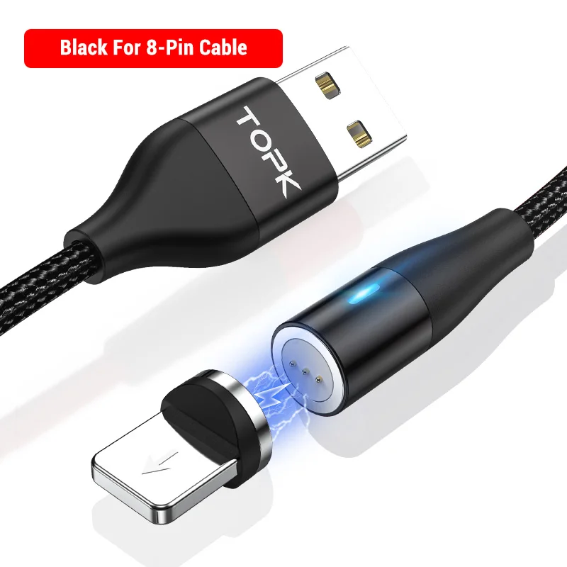 TOPK AM60 3A светодиодный кабель для быстрой зарядки Micro usb type C для iPhone Xs Max 8 7 6 - Цвет: 8-Pin Cable Black