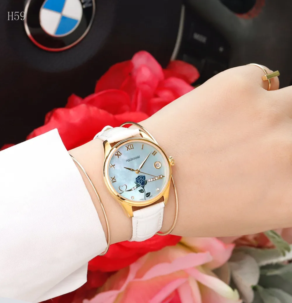 Frauen Luxus Mode Uhren Diamant Automatische Tourbillon Uhr Lederband Uhr Relogio Feminino Rose Flower Watch Swiss Automatic eta