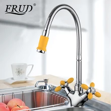 Frud Deck Mounted Kitchen Sink Faucet Stainless Steel Water Mixer Crane Orange Double Handles 360 Degree Rotatable Taps R43127-9
