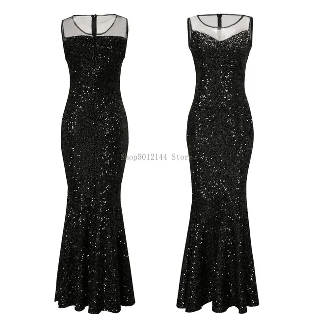 Black Sequins Shinny Long Sleeveless Elegant Maxi Dress 4