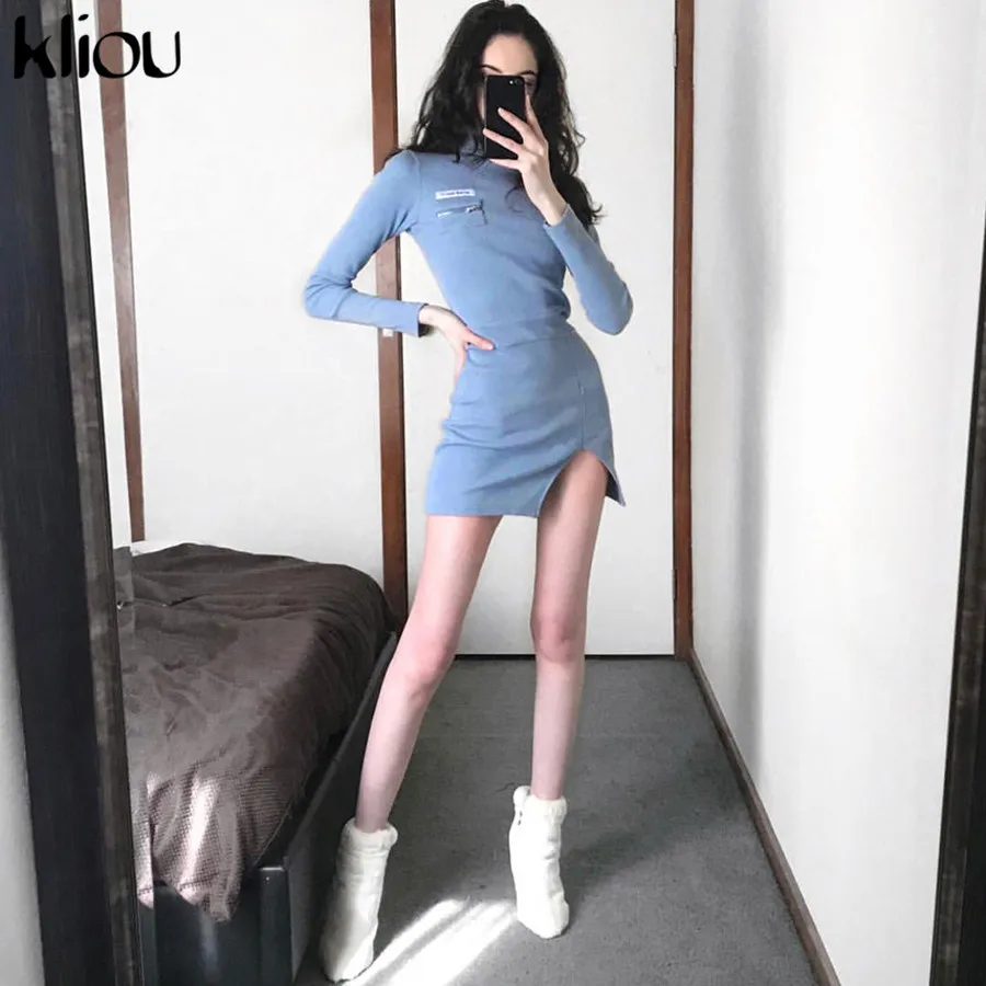 Kliou водолазка с буквенным принтом женское однотонное платье с длинным рукавом на молнии с карманом осень новое облегающее фигуру платье Сплит Сексуальные вечерние короткие платья