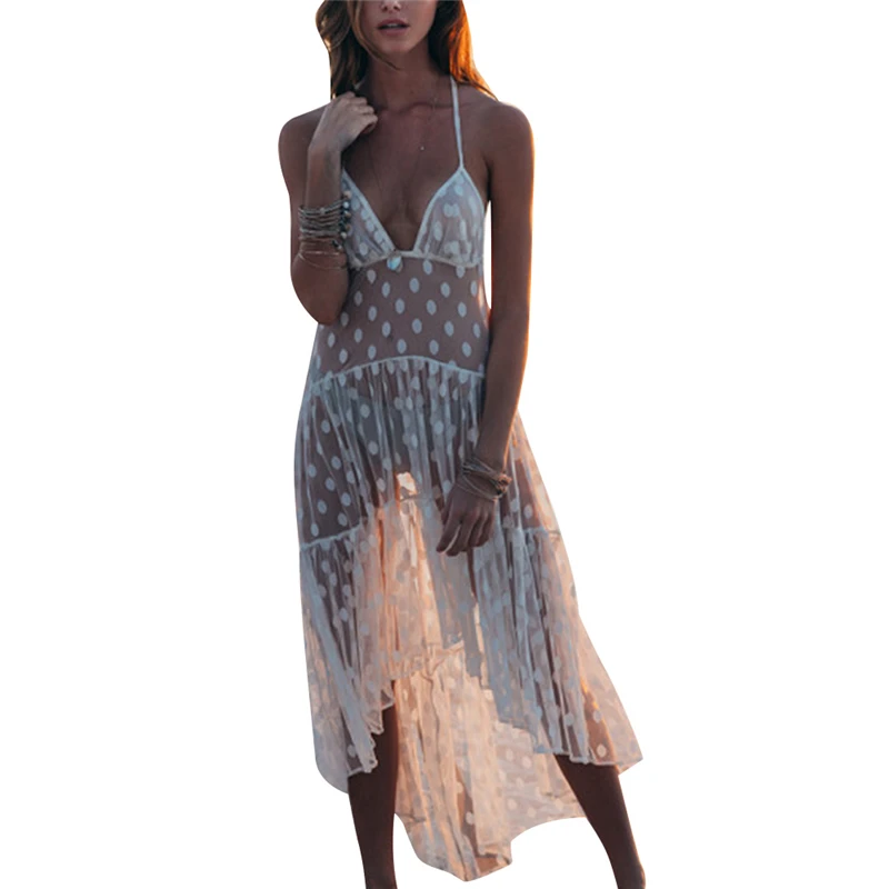 

Women Dress See-through Lace Crochet Bikini Cover Up Swimsuit Beach Dress Bathing Suit Polka Dot Beach Cover Up Dresses