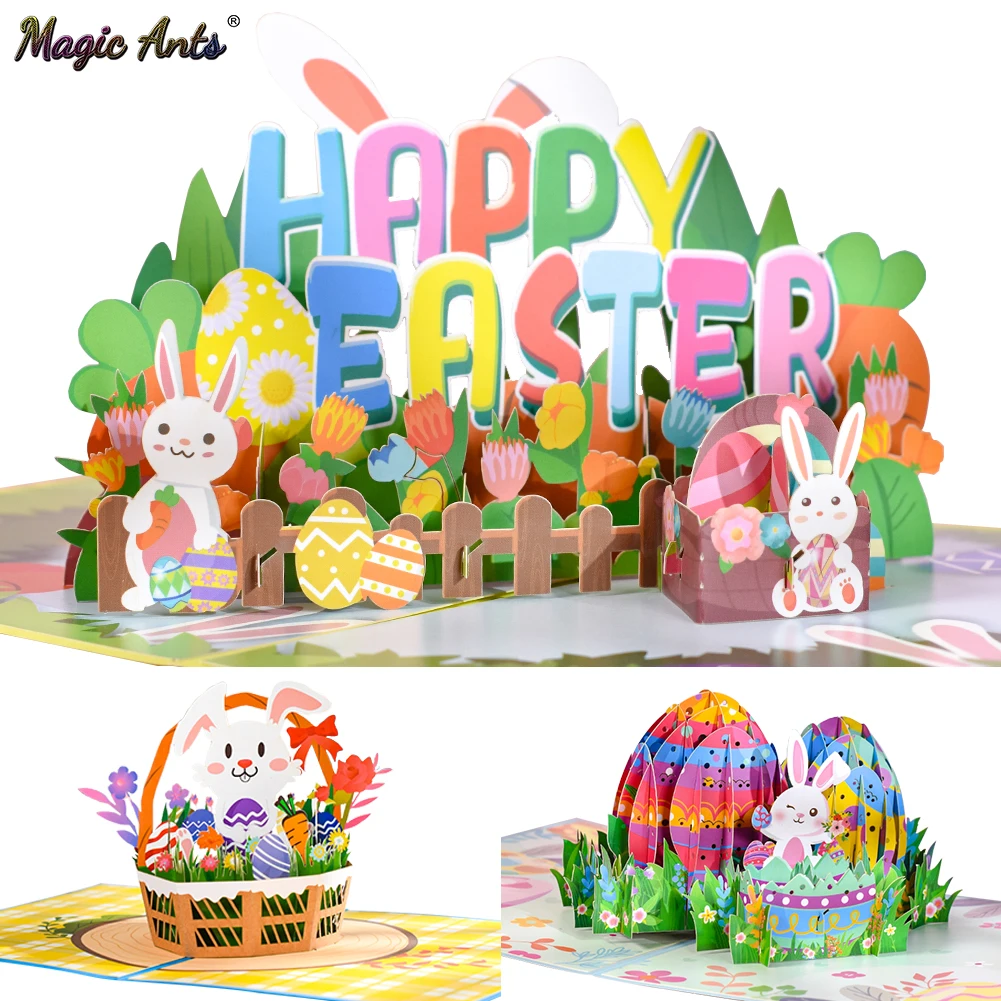 3D Lenticular Postcard Greeting Card Eggs and Flowers in Field Happy Easter 