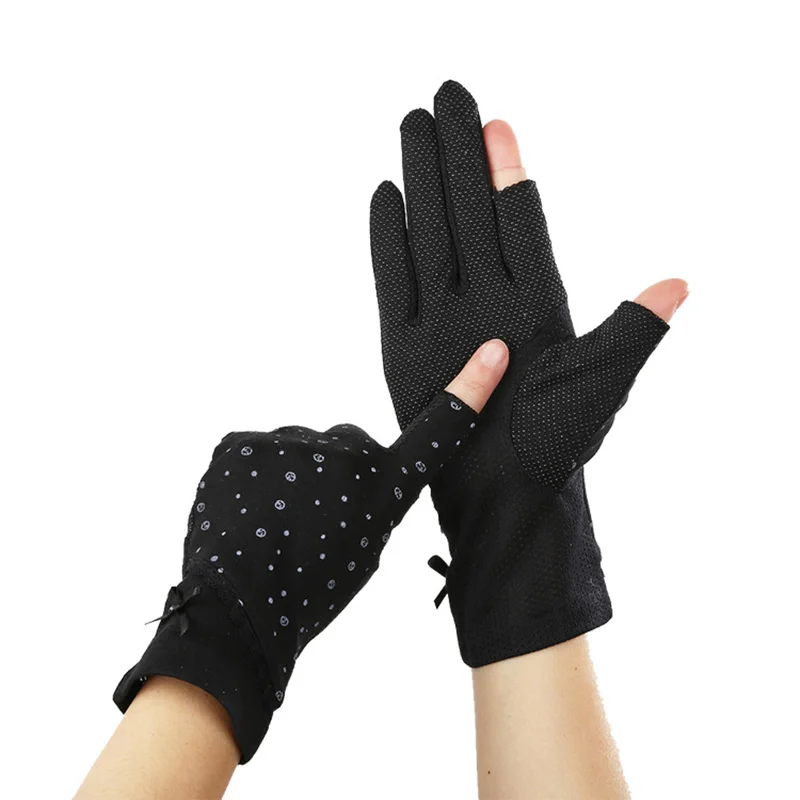 Summer Short Fingerless Anti Skid Cycling Sunscreen Glove Women Cotton Dot Bow Thin Breathable UV Touch Screen Driving Miten J79 21