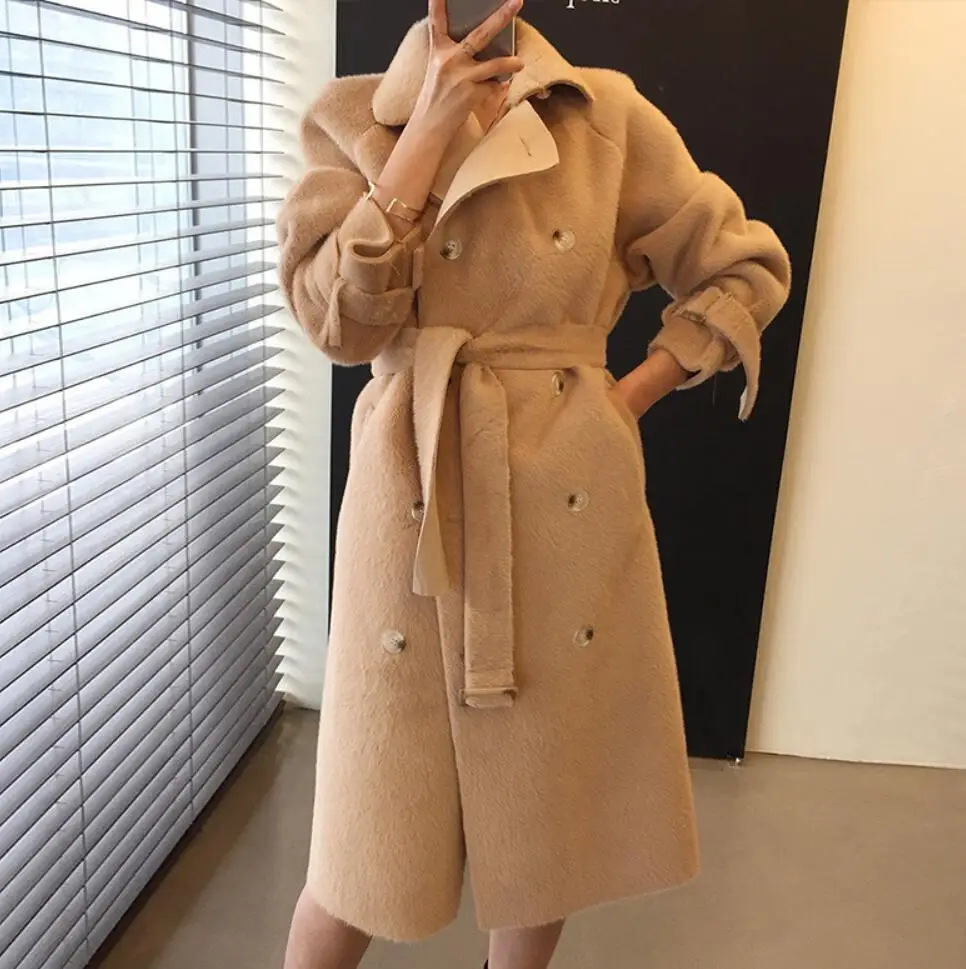apricot Модные меховые шерстяное пальто для женщин двубортный на осень-зиму теплое длинное пальто - Цвет: apricot